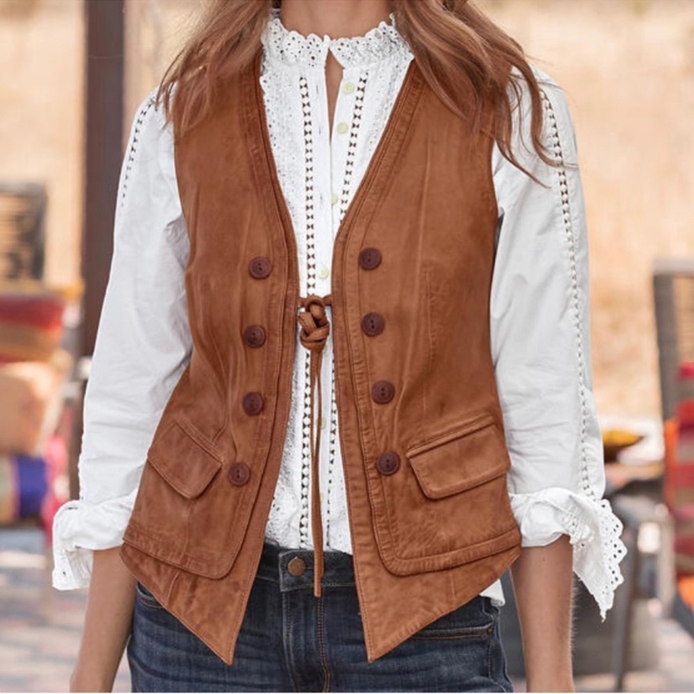 Sundance Rustic Brown Leather Button Front Vest - Picture 3 of 16